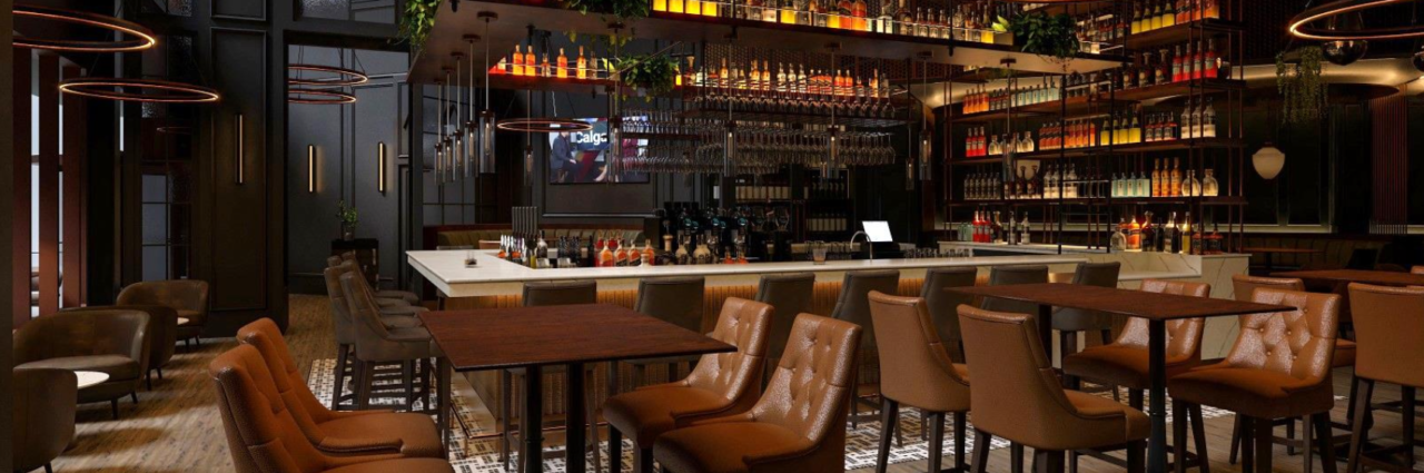 Architectural visualization of ALVA’s warmly lit bar, with cognac seating and bronze light fixtures