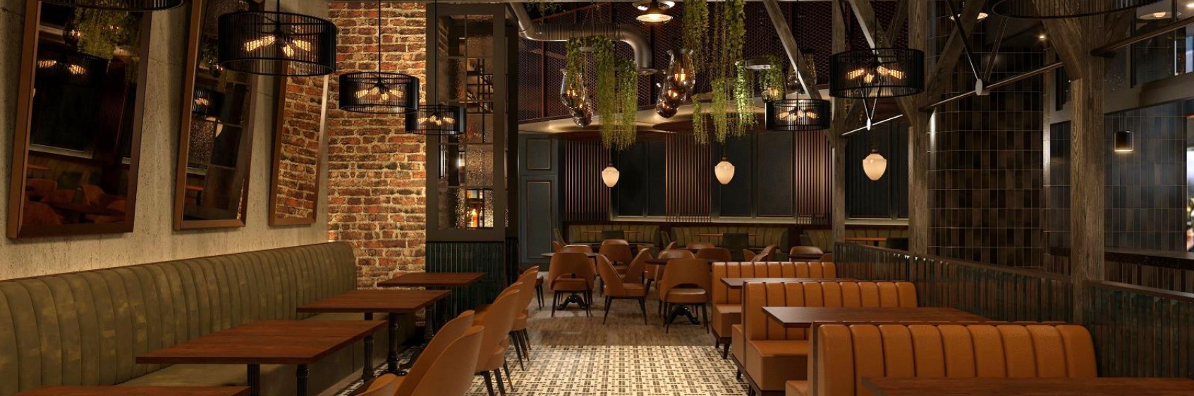 ALVA dining-room visualization with olive banquettes, brick and hanging lights